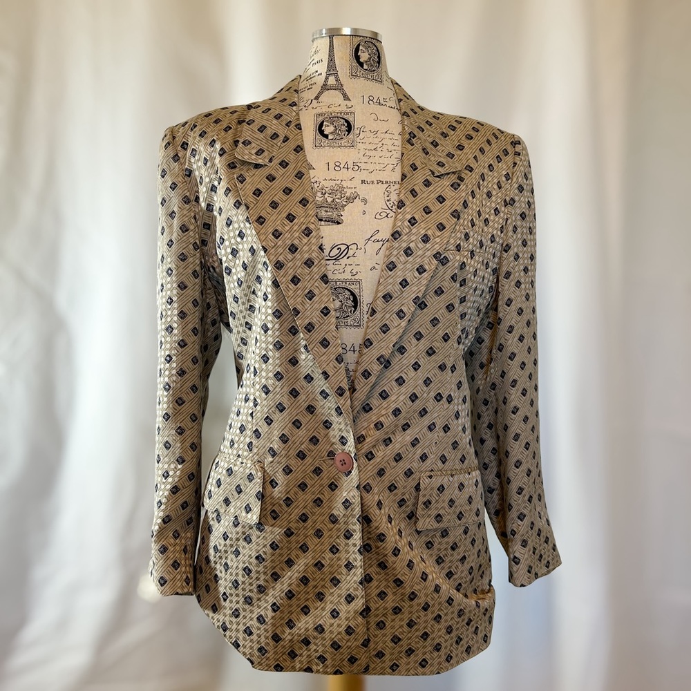 Vintage Patterned Silver & Navy Silk Women’s Blazer